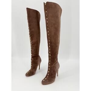 Valentino Rockstud Suede Over The Knee Boots Brown Knee High Stiletto Heel 37.5